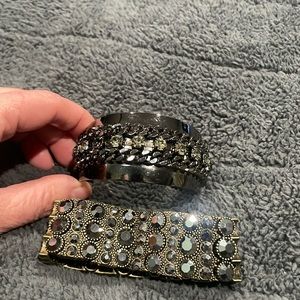 Two Stunning Dark Metal and Crystal Bracelets - Black and Dark Metal Bling